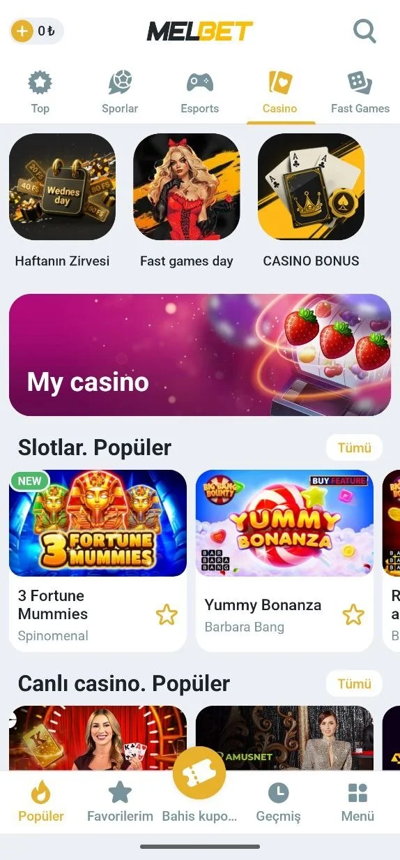 MelBet casino ekranı
