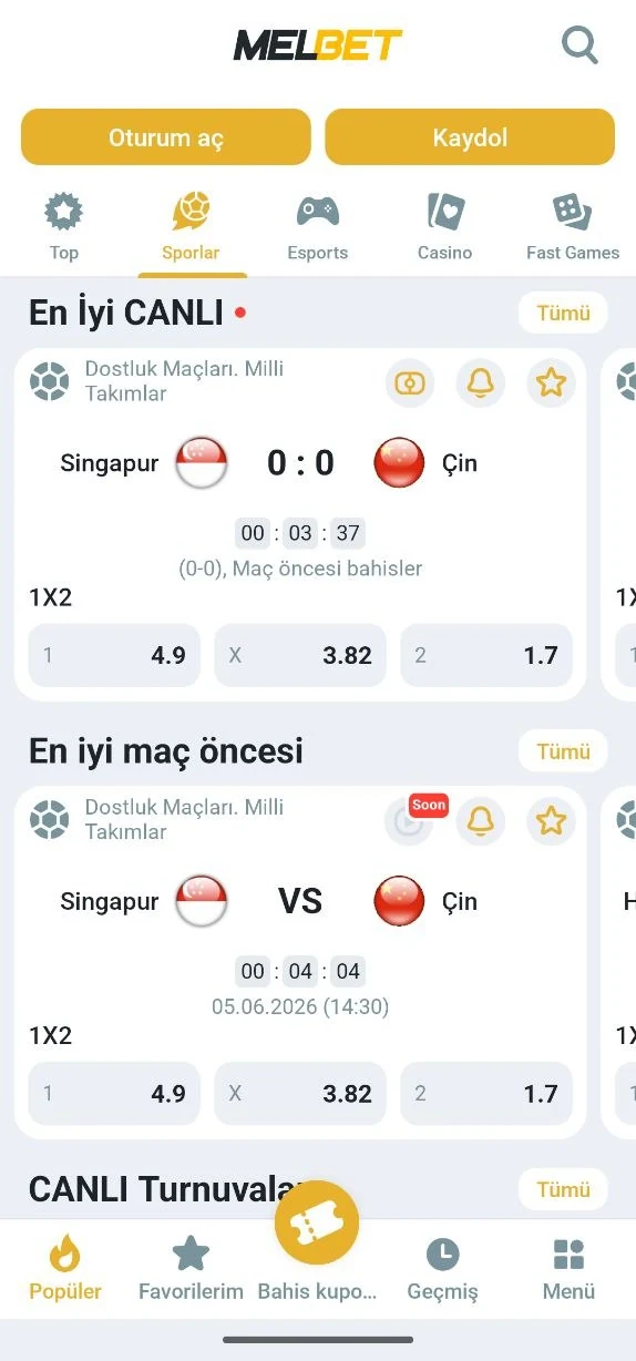 MelBet spor bahisleri ekranı