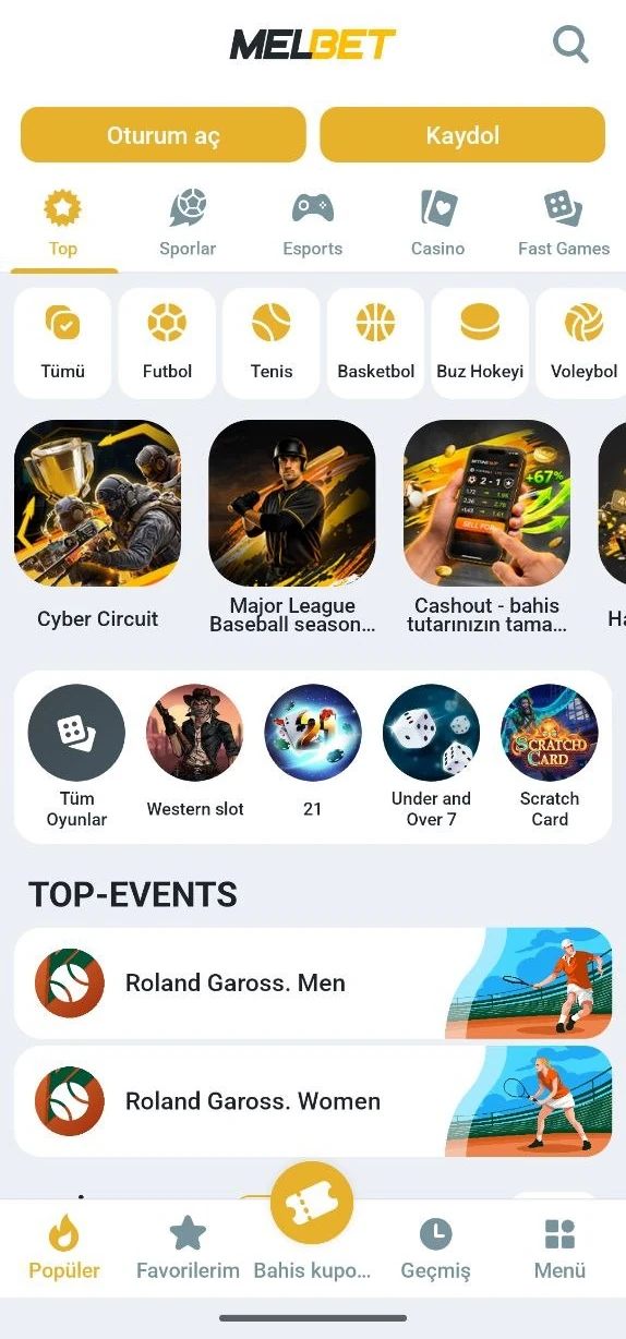 MelBet APK ana sayfa ekranı